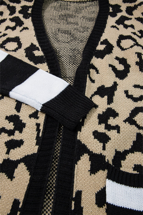 Stripe Sleeve Leopard Print Open Front Cardigan With Pockets